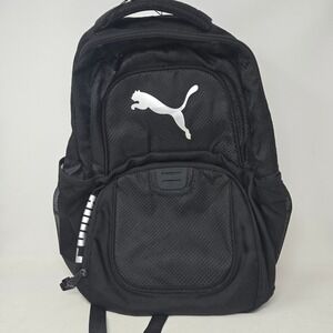 Puma Black Backpack Silver Cat Logo Multi Pocket School Gym Travel Bag